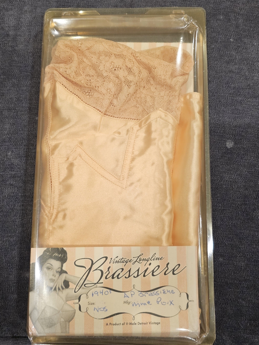 NOS 1940's Vintage Longline Brassiere in Peach Lace - 36C Collector Item